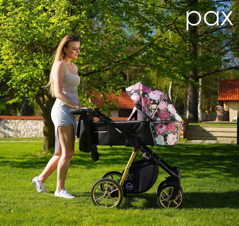 Wózek dziecięcy Lonex Pax Rose – wzór w kwiaty, złoty stelaż, stylowy spacer po parku – Dadi Shop